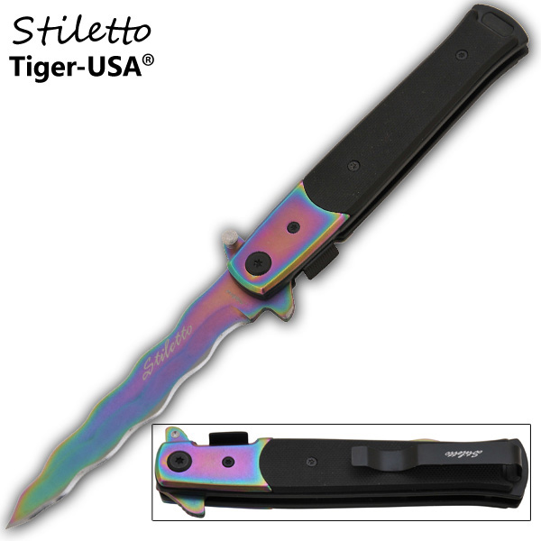 9 Inch Godfather stiletto style Kriss Blade Knife - Rainbow P-109-RB-KR