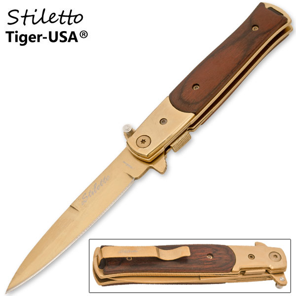 9 Inch Godfather Style Gold Wooden Handle Folding Knife P-109-GO