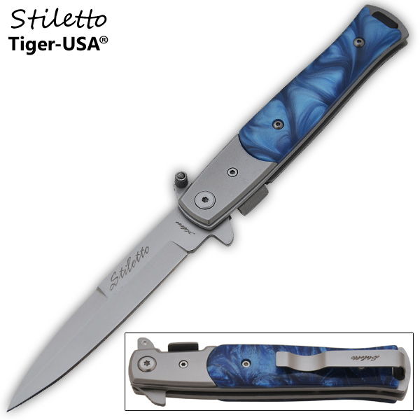9 Inch Godfather Style stiletto style Folding Knife - Sky Blue Pearl P-109-TE