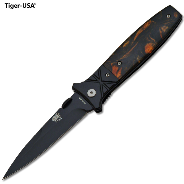 9 Inch Tiger USA Folding Knife w/ Thumb Stud- Black/Brown Pearl P-247-BSE