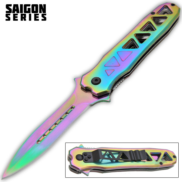 9 Inch Trigger Assisted "Saigon" Folding Knife - Rainbow K-20-RB
