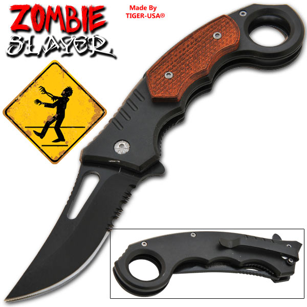 9 Inch "Undead Slayer" Trigger Assisted Folding Knife - Orange Pakka Wood PA-0187-BK-OR