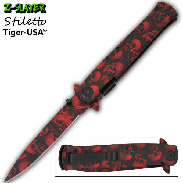 9 Inch Z-Slayer stiletto style Skull Undead Knife TF-797-RD