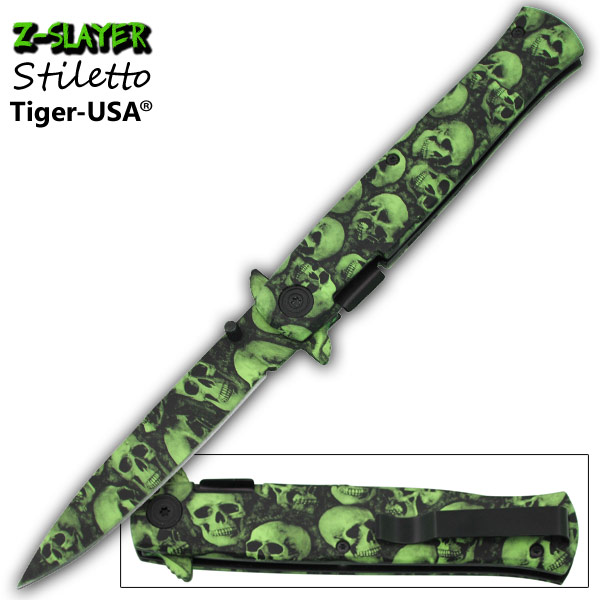 9 Inch Z-Slayer stiletto style Skull Undead Knife Green TF-797-GR