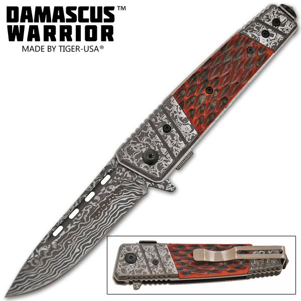 Damascus Warrior Trigger Assisted Knives Bone Handle TF704BN