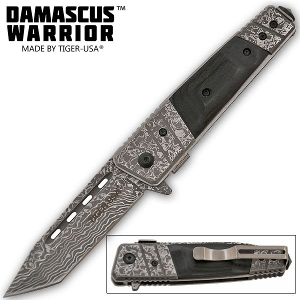 Damascus Warrior Trigger Assisted Knives Tanto TF704BW-T