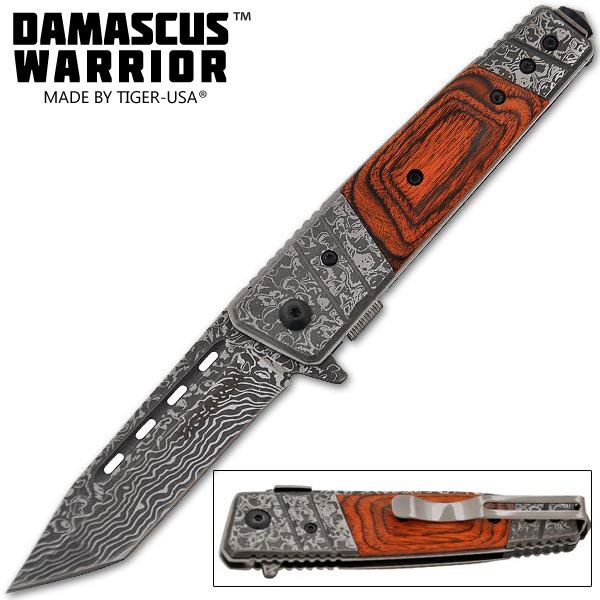 Damascus Warrior Trigger Assisted Knives Tanto TF704WD-T