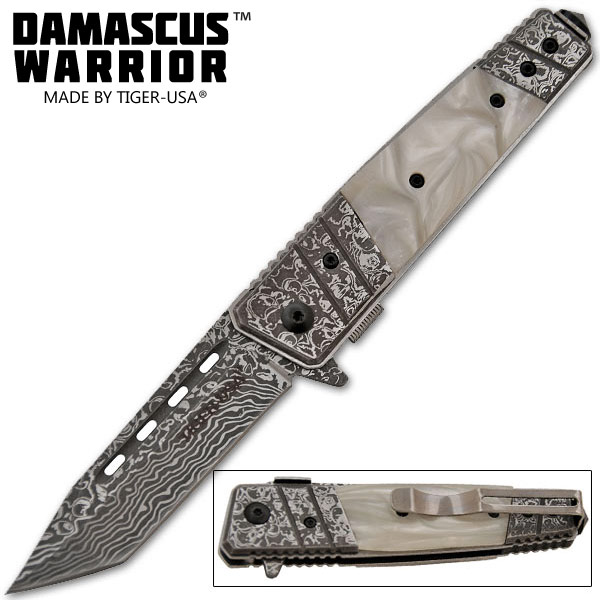 Damascus Warrior Trigger Assisted Knives Tanto TF704WP-T