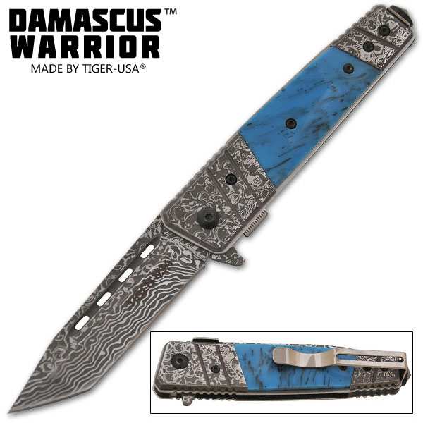 Damascus Warrior Trigger Assisted Knives Tanto TF704BL-T