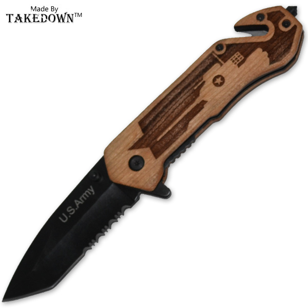 Takedown Wooden Handle Trigger Assisted Knife - Army K-293