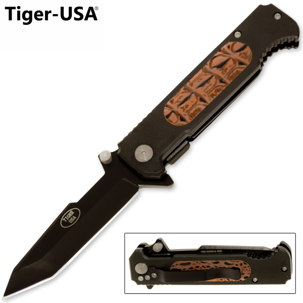 Tiger USA Assisted Tool Steel Tanto Blade Knife Leather Handle