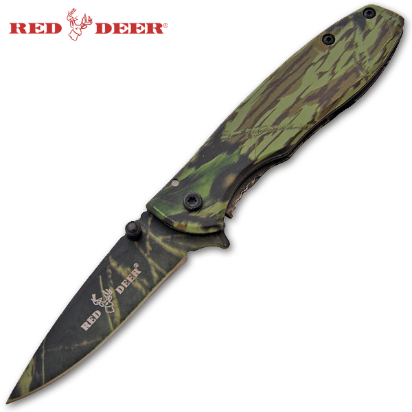 Spring Assisted Red Deer Knife, Green Camo