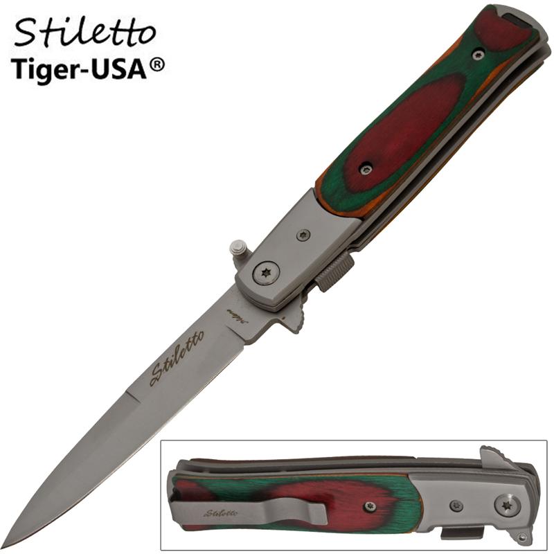 Spring Assisted Stiletto Style Knife With Woodgrain