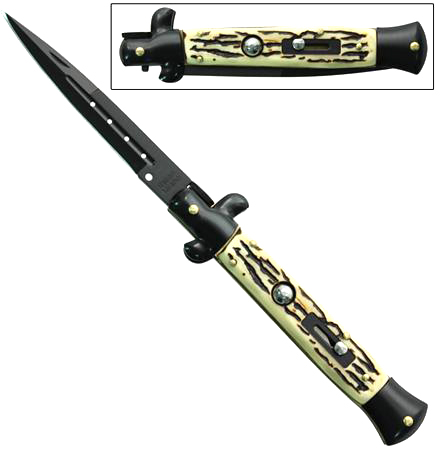 Switchblade Stiletto Knife, Black Stag, 9.5 inches