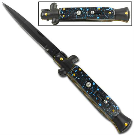 Switchblade Stiletto Knife, Blue Splash, 9.5 inches