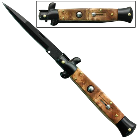 Switchblade Stiletto Knife, Oak, Black Blade, 9.5 inches