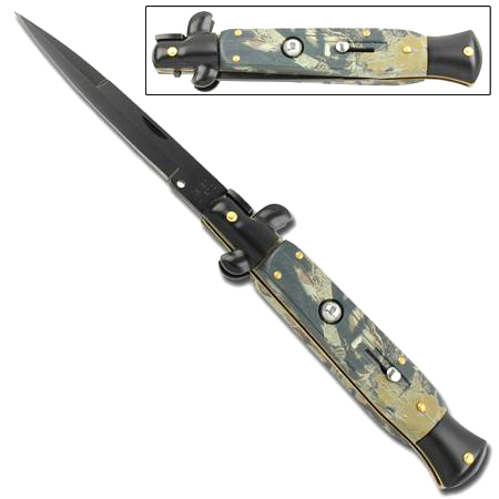 Switchblade Stiletto Knife, Real Tree, Black Blade, 9.5 inches