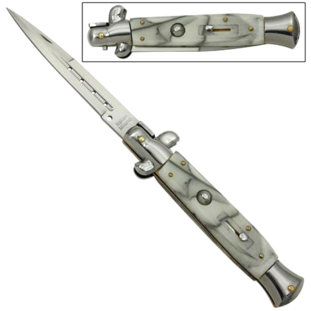 Switchblade Stiletto Knife, Silver Marble, 9.5 inches