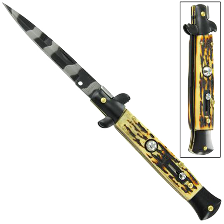Switchblade Stiletto Knife, Tiger Camo, Stag, 9.5 inches