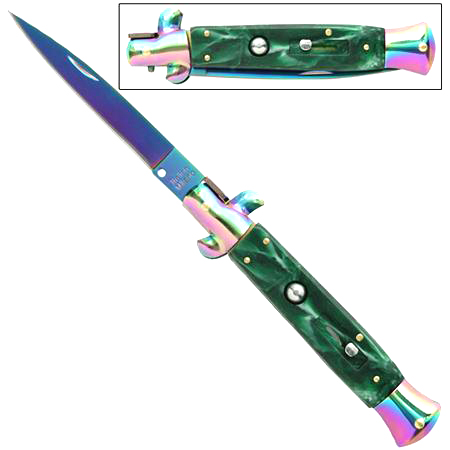 Switchblade Stiletto Knife, Titanium, Jade, 9.5 inches