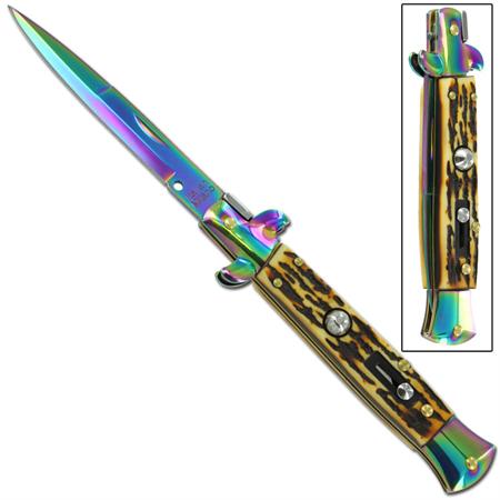 Switchblade Stiletto Knife, Titanium, Stag, 9.5 inches