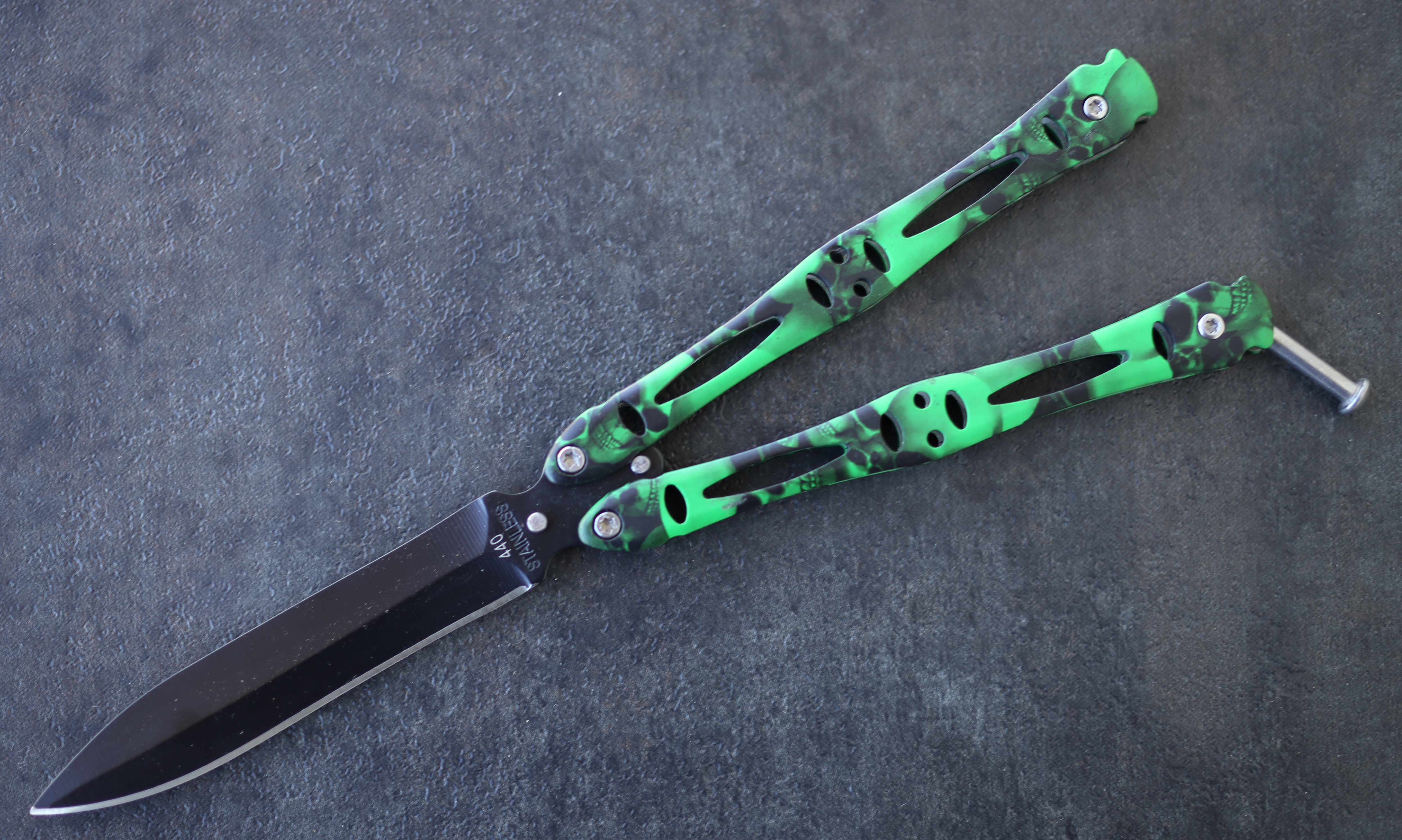 Tactical Butterfly Knife, Green Skull