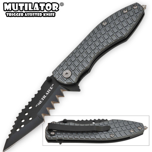 The Mutilator - Spring Assisted Knife - Grey w/ Black Blade