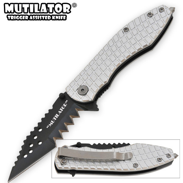 The Mutilator - Spring Assisted Knife, Silver w/ Black Blade