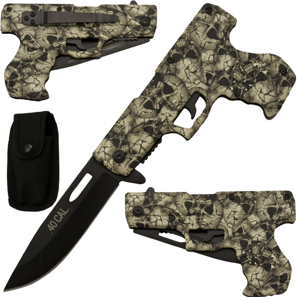 White Skull Camo Spring Assisted Gun Pistol Knife