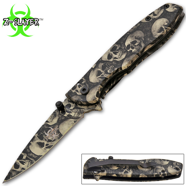 Z-Slayer Spring Assisted Knife, Black Skulls