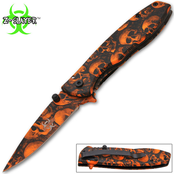 Z-Slayer Spring Assisted Knife, Orange Skulls-OR