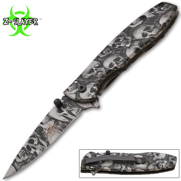 Z-Slayer Spring Assisted Knife, Silver Skulls