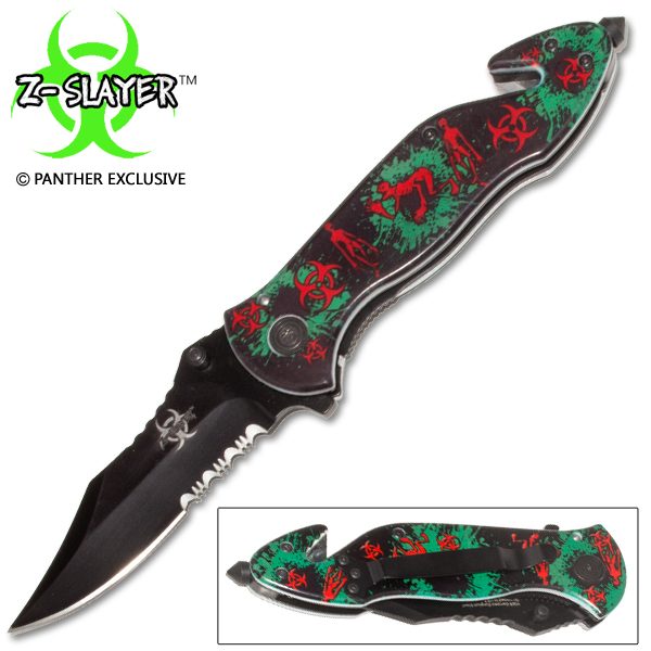 Z-Slayer Undead Gasher Spring Assisted Walking Cryptoid Knife, Red-Green