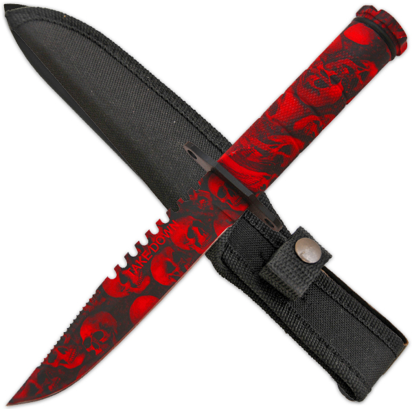 8.25 Inch Undead Survival Knife W/ Skull Heads - Blood Red HG690-CM11