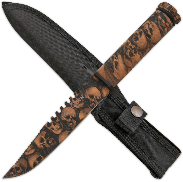 8.25 Inch Undead Survival Knife W/ Skull Heads - Brown HG690-CM17