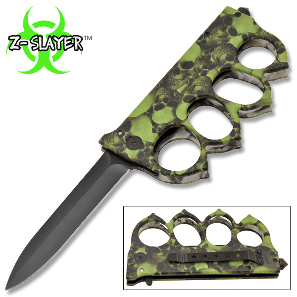 Z-Slayer Skull Undead Knuckle Trench Knife - Green B-162-SK-GR